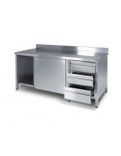 Tavolo armadiato inox con cassettiera a 3 cassetti ed alzatina cm 180x70x85h