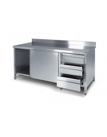 Tavolo armadiato inox con cassettiera a 3 cassetti cm 180x70x85h