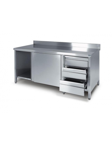 Tavolo armadiato inox con cassettiera a 3 cassetti cm 180x70x85h