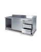 Tavolo armadiato inox con ante scorrevoli, cassettiera a 3 cassetti ed alzatina posteriore - cm 180x70x85h