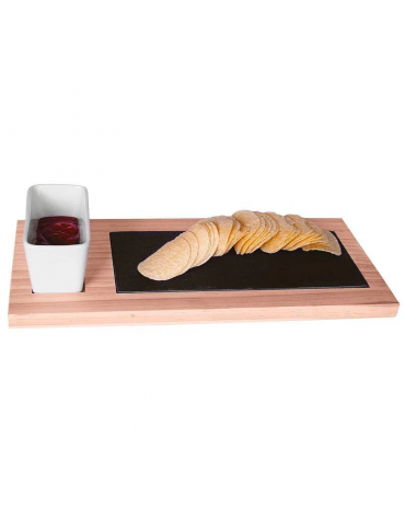 Set tagliere rettangolare in legno di pino con ciotola in ceramica e piano in ardesia - cm 37x17x1,8h
