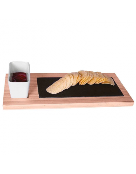 Set tagliere rettangolare in legno di pino con ciotola in ceramica e piano in ardesia - cm 37x17x1,8h