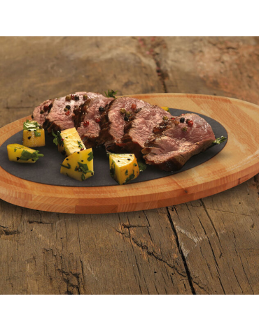 Piatto in ghisa servire con tagliere in legno di iroko - 1-2 pozioni - diametro cm 30