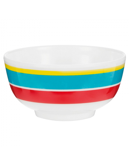 Ciotola tonda in melamina di colore bianco con rifinitura multicolore - ml 260 - diametro cm 11 - altezza cm 5,5