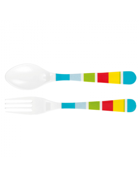 Forchetta e cucchiaio in melamina con rifinitura multicolore - cm 19x3,5