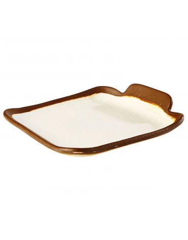 Piatto piano rettagonalre in melamina effetto argilla - colore bianco con bordo marrone - cm 14x13x2,5h