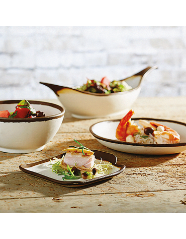 Piatto piano rettagonalre in melamina effetto argilla - colore bianco con bordo marrone - cm 14x13x2,5h