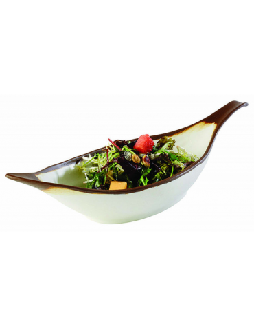 Insalatiera in melamina effetto argilla - colore bianco con bordo marrone - capacità lt. 0,65 - cm 42x14x9,5h