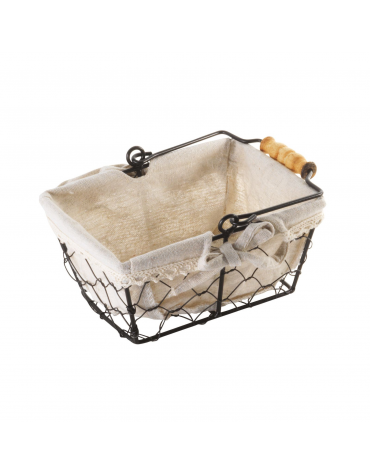 Cesto pane rettangolare, strutta in filo di acciaio e fodera in cotone - cm 17x12,5x8h