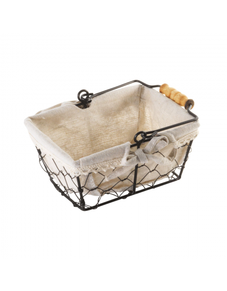Cesto pane rettangolare, strutta in filo di acciaio e fodera in cotone - cm 17x12,5x8h