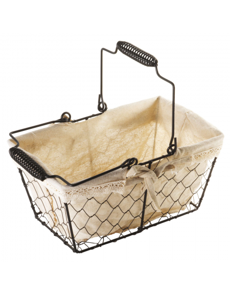 Cesto pane rettangolare, strutta in filo di acciaio e fodera in cotone - cm 25x15,5x12h