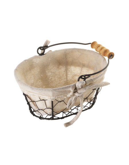 Cesto pane ovale, strutta in filo di acciaio e fodera in cotone - cm 17x12,5x8h
