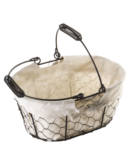 Cesto pane ovale, strutta in filo di acciaio e fodera in cotone - cm 25x17x12h