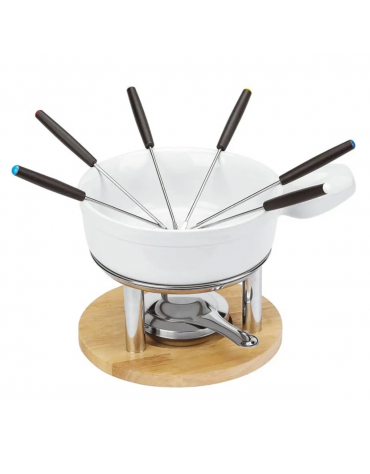 Set fonduta con pentola in porcellana, struttura in acciaio inox e base in legno - Diametro cm 20 - Altezza cm 18