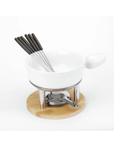 Set fonduta con pentola in porcellana, struttura in acciaio inox e base in legno - Diametro cm 20 - Altezza cm 18