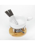 Set fonduta con pentola in porcellana, struttura in acciaio inox e base in legno - Diametro cm 20 - Altezza cm 18