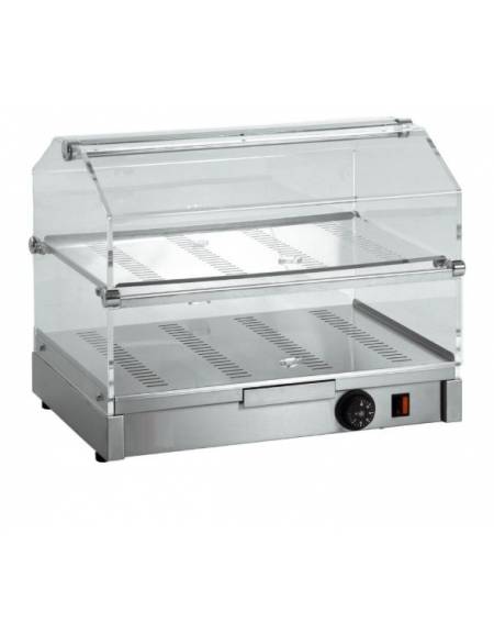 Vetrina calda da banco con basamento in acciaio inox e vetri curvi - piano doppio - con umidità - mm 500x360x395h