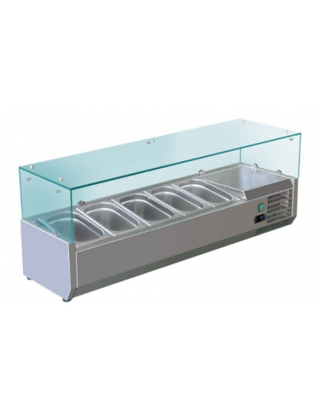 Vetrina refrigerata in acciaio inox con vetri per banco pizzeria - predisposta per 5 bacinelle GN 1/4 - mm 1200x335x435h