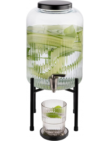 Distributore di bevande in vetro con rubinetto inox e base e coperchio in metallo nero - Lt. 7 - Ø cm 20 - altezza cm 45
