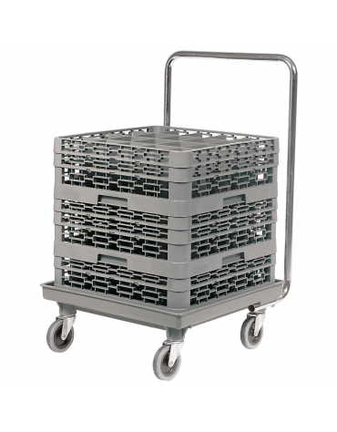 Carrello per cestelli lavastoviglie in acciaio inox con base in polipropilene e maniglione - portata Kg 10 - cm 54x54x75h