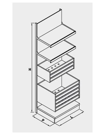 Scaffalatura retrobanco in legno per panetteria panificio con una cesta grande , una cesta media e 2 ripiani - cm 75x55x240h