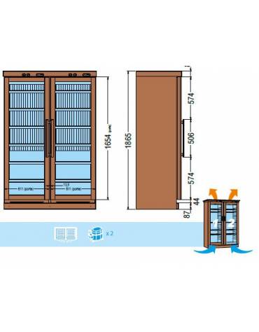 Cantinetta per vini statica in legno a 2 porte N° 116+116 Bottiglie vino da cl 75 - temperatura +6° +16° C / +6° +16° C - cm 127