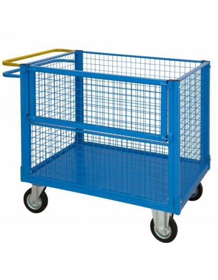 Carrello con pianale 4 sponde rete, 1 parzialmente ribaltabile - ruote desmopan, 2 con freno normalmente attivo - cm 60x90x81h