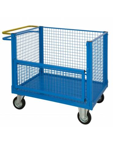Carrello con pianale 4 sponde rete, 1 parzialmente ribaltabile - ruote desmopan, 2 con freno normalmente attivo - cm 60x90x81h
