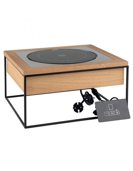 Piastra a induzione Ø cm 24 con supporto in metallo, inserto in legno e cornice inox - potenza Watt 900 - cm 35,4x32,5x19h