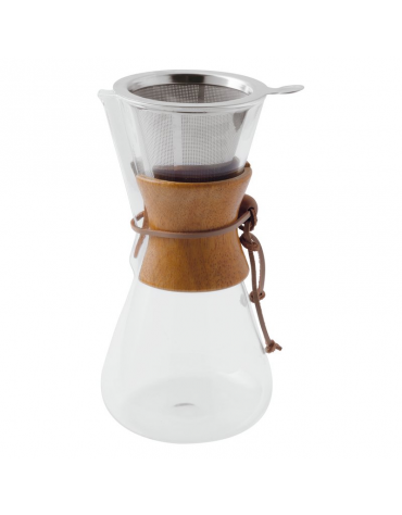 Caraffa caffettiera pour over in vetro borosilicato con filtro inox e collo bambù - ml 600 - diametro cm 8,5-11 - altezza cm 21