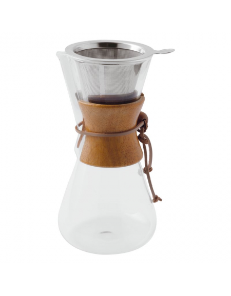 Caraffa caffettiera pour over in vetro borosilicato con filtro inox e collo bambù - ml 600 - diametro cm 8,5-11 - altezza cm 21