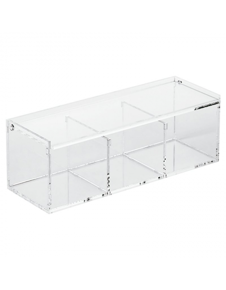 Contenitore espositore con coperchio in PMMA trasparente - 3 scomparti da cm 8,5x8 cad. - dimensione tot. cm 27,5x10,5x9,5