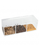 Contenitore espositore con coperchio in PMMA trasparente - 3 scomparti da cm 8,5x8 cad. - dimensione tot. cm 27,5x10,5x9,5