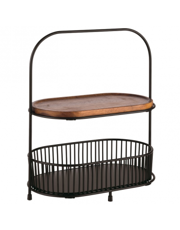 Set alzata 2 piani in metallo nero con 2 cesti e 2 assi in legno di acacia - cm 31x17x38h