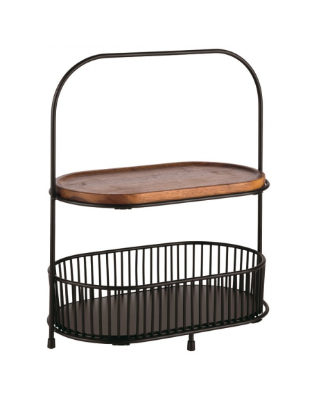 Set alzata 2 piani in metallo nero con 2 cesti e 2 assi in legno di acacia - cm 31x17x38h
