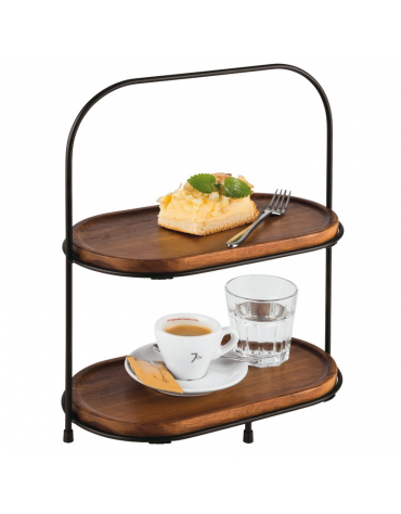 Set alzata 2 piani in metallo nero con 2 cesti e 2 assi in legno di acacia - cm 31x17x38h