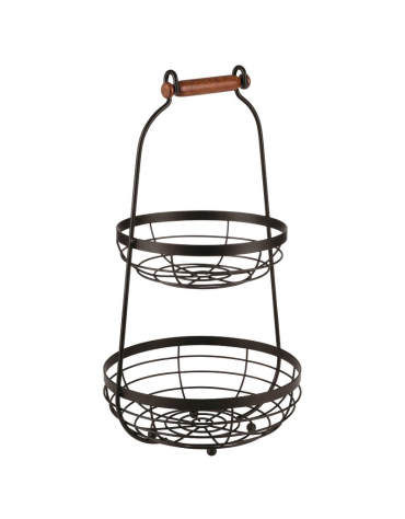 Alzata 2 piani in metallo nero con manico in legno - diametro cesti cm 22 e cm 26 - altezza cm 48