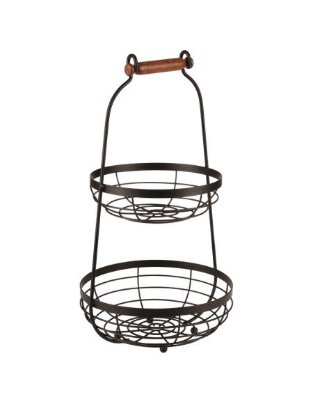 Alzata 2 piani in metallo nero con manico in legno - diametro cesti cm 22 e cm 26 - altezza cm 48