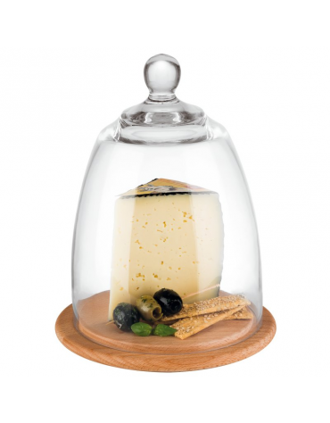 Tagliere vassoio rotondo in legno con cloche in vetro - diametro cm 18,5 - altezza cm 24,5