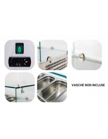 Vetrina refrigerata in acciaio inox con vetri per banco pizzeria - predisposta per 10 bacinelle GN 1/4 - mm 2000x335x435h