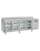Tavolo refrigerato 4 porte a vetro con alzatina in acciaio inox, refrigerazione ventilata +3/+10 °C - Classe C - cm 225x72,5x95h