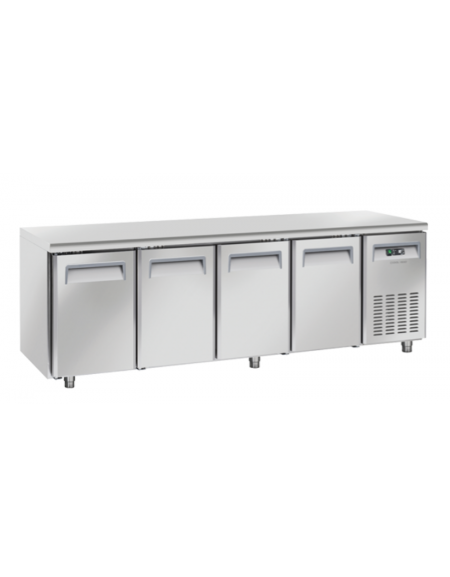 Tavolo refrigerato 4 porte per pasticceria in acciaio inox, refrigerazione ventilata +2°/+8°C - Classe C - cm 248x80x85h