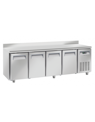 Tavolo refrigerato 4 porte per pasticceria in acciaio inox, refrigerazione ventilata +2°/+8°C - Classe C - cm 248x80x95h