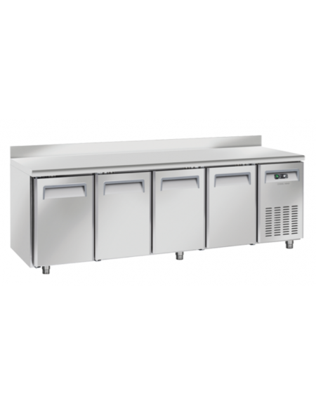 Tavolo refrigerato 4 porte per pasticceria in acciaio inox, refrigerazione ventilata +2°/+8°C - Classe C - cm 248x80x95h