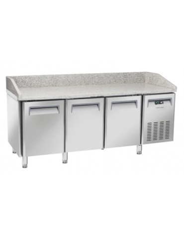 Tavolo pizza refrigerato 3 porte in acciaio inox con piano in granito - refrigerazione ventilata +2°/+8°C - cm 202,5x80x104h