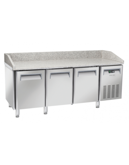 Tavolo pizza refrigerato 3 porte in acciaio inox con piano in granito - refrigerazione ventilata +2°/+8°C - cm 202,5x80x104h