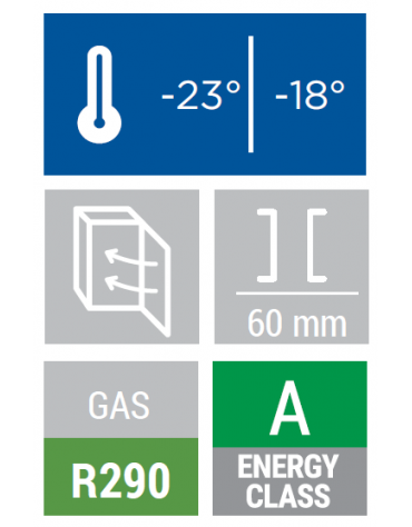 Armadio congelatore in ABS con esterno color acciaio e interno in termoformato - 6+1 ripiani fissi - cm 60x64,3x187,5h