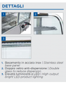 Vetrina espositiva riscaldata da banco in acciaio inox con vetro curvo - 3 ripiani - capacità Lt. 120 - mm 692x582x685h