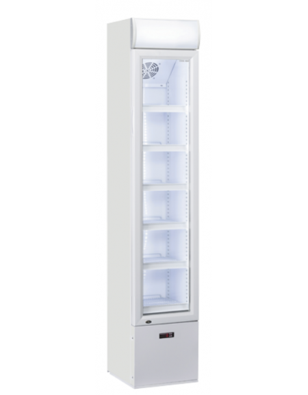 Vetrina espositore bevande slim con opalina pubblicitaria - colore bianco - refrigerazione statica +1°/+10°C cm 36x42,2x188h