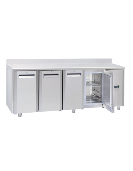Tavolo GN1/1 refrigerato in acciaio inox 4 porte, ventilato -2°/+8°C, con alzatina e motore remoto (escluso) - cm 209,4x70x95h